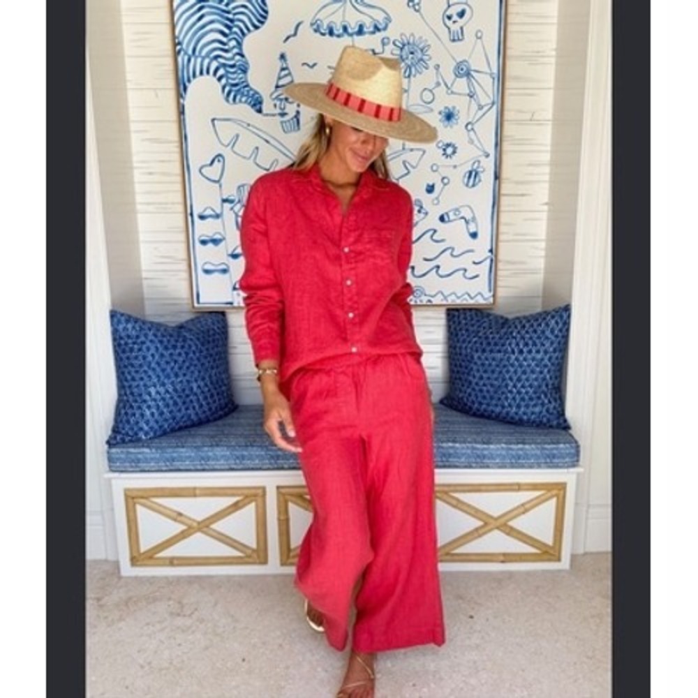 Frank & Eileen Red 100% Linen Eileen Shirt and Wide Leg Pants Set XXS